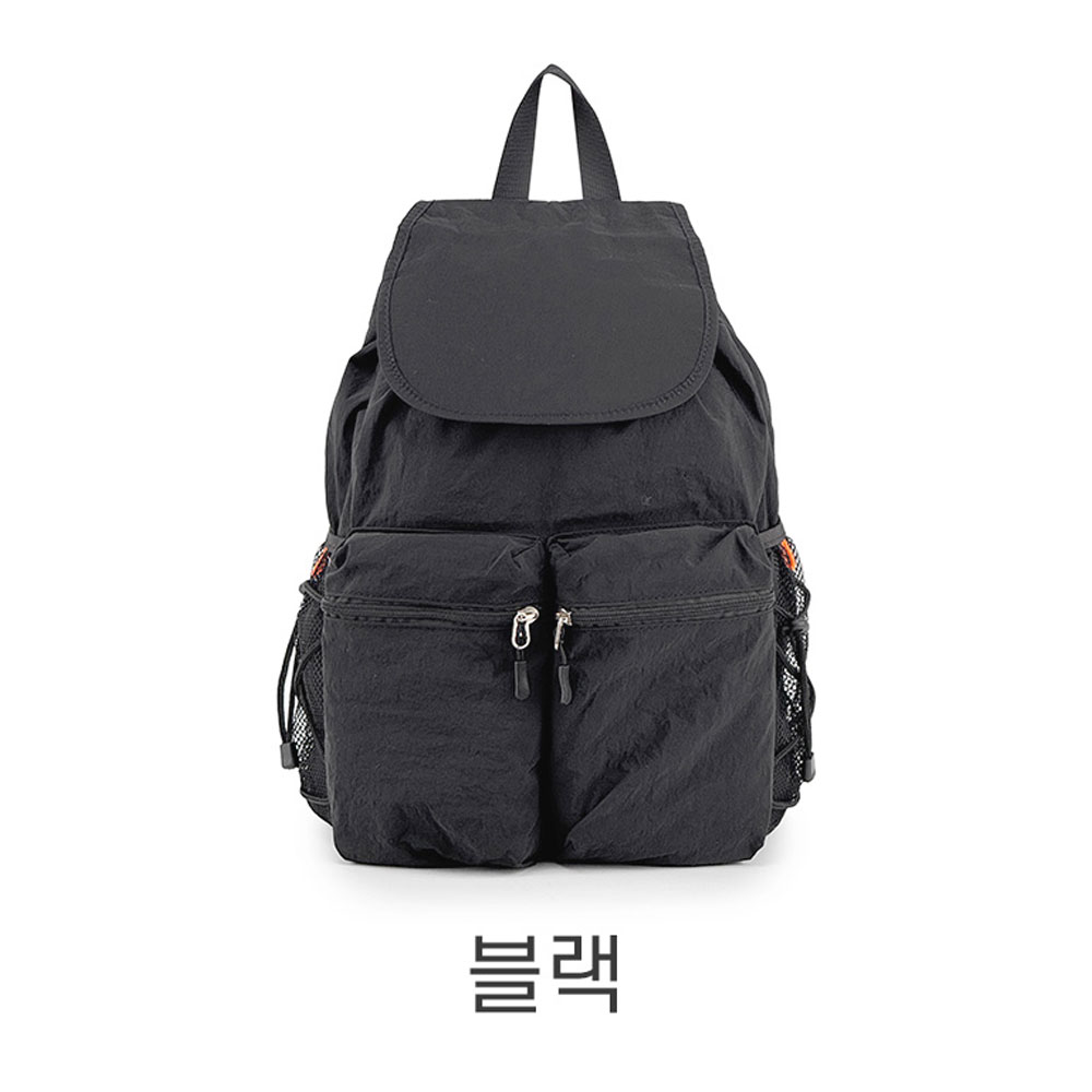 여성 경량 폴리 데일리 미디엄 플랩 백팩 캐주얼 배낭 투포켓 스트링 조리형 백팩 - 상세 이미지 3