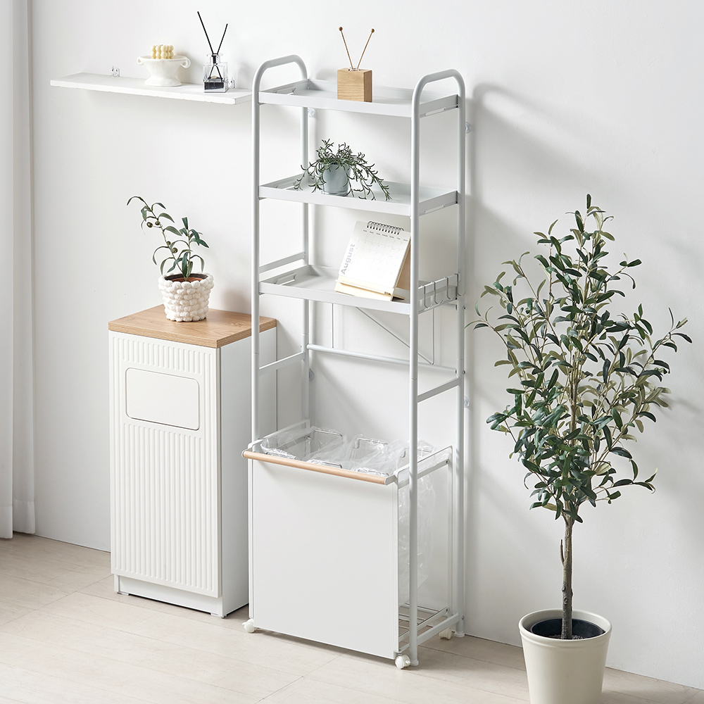 가정용분리수거함 봉지걸이 3단 선반 세트 철제 바퀴달린 재활용 분리수거대