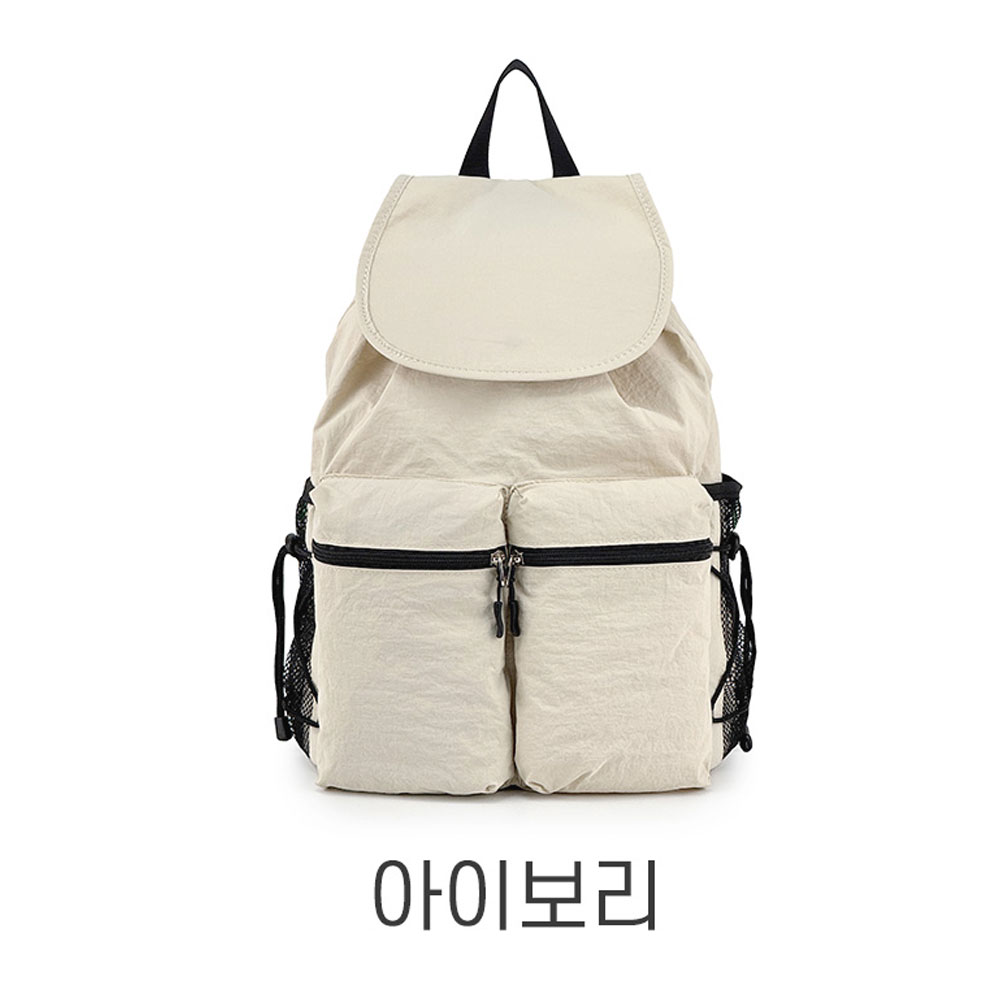 여성 경량 폴리 데일리 미디엄 플랩 백팩 캐주얼 배낭 투포켓 스트링 조리형 백팩 - 상세 이미지 4
