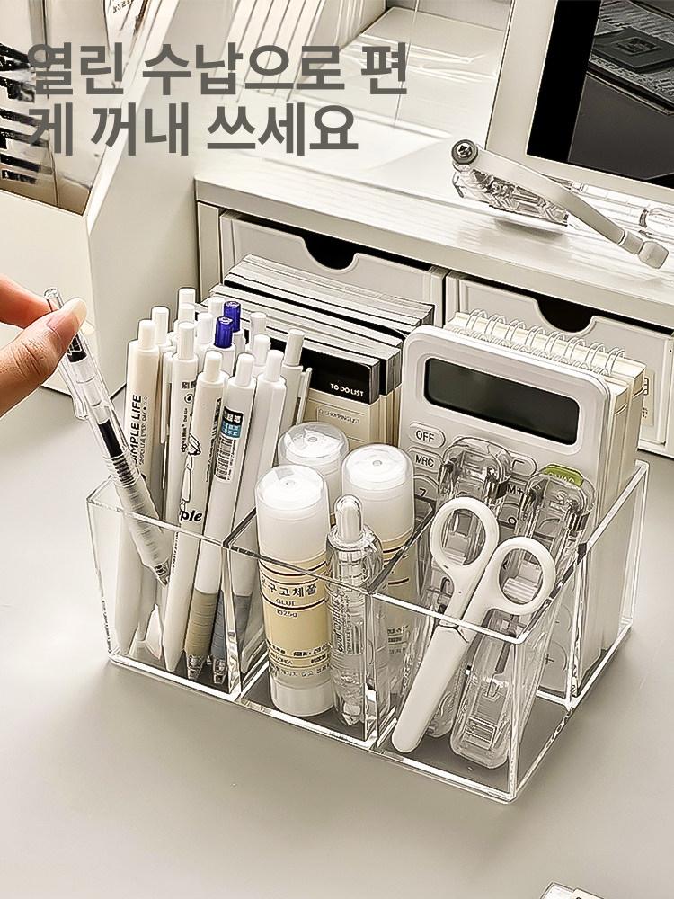 책상 펜홀더 철망 펜꽂이 다용도 투명 아크릴 기울어진 브라운 3칸 - 상세 이미지 4