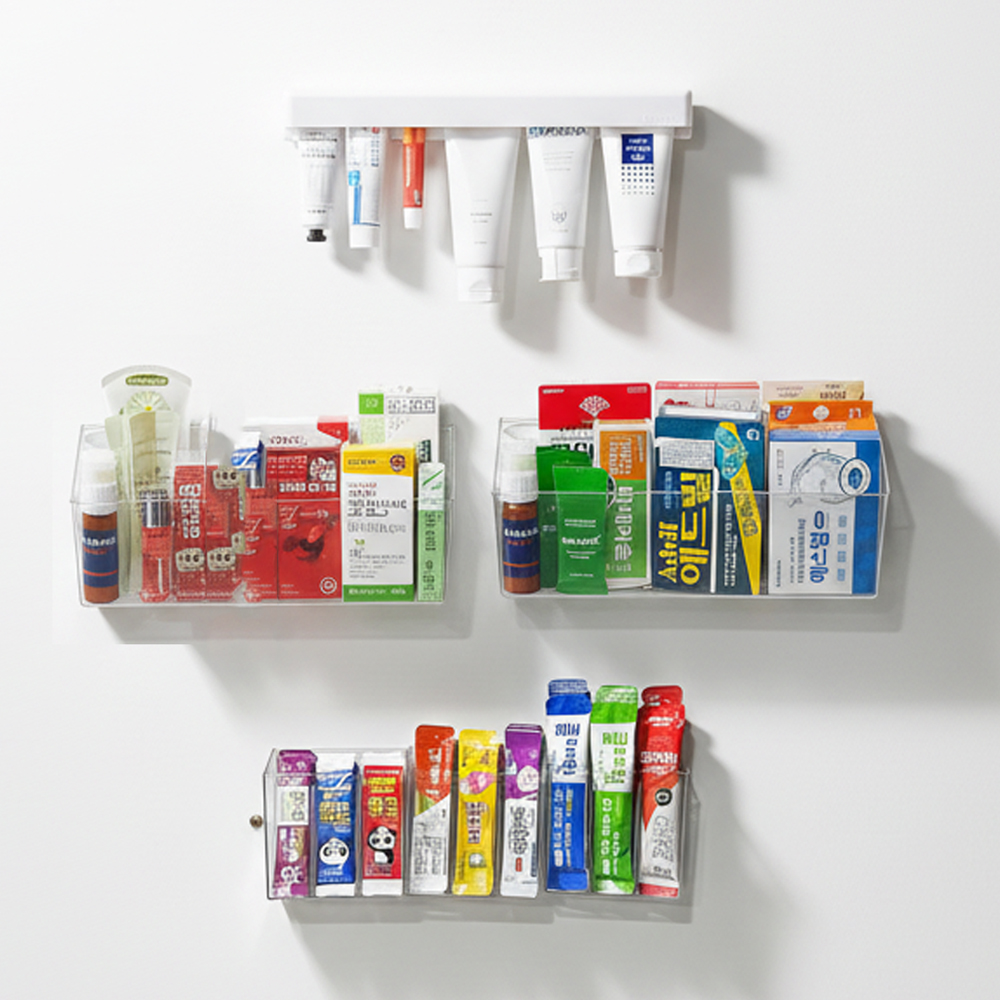 이지유 6P세트 무타공 약정리함 부착식 롱치약걸이 연고정리 꽂이 알약 보관 약수납함 투명 제품 이미지