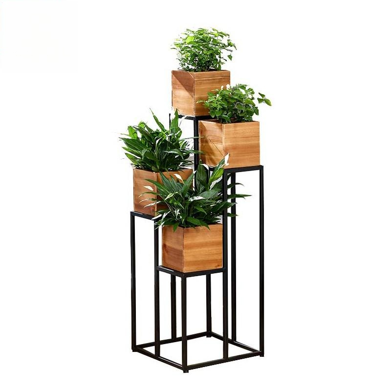 화분 진열대 다용도 난간 거치대 철제 발코니 선반 40 x 40 100cm 나무 화분 4개 포함 - 상품 이미지