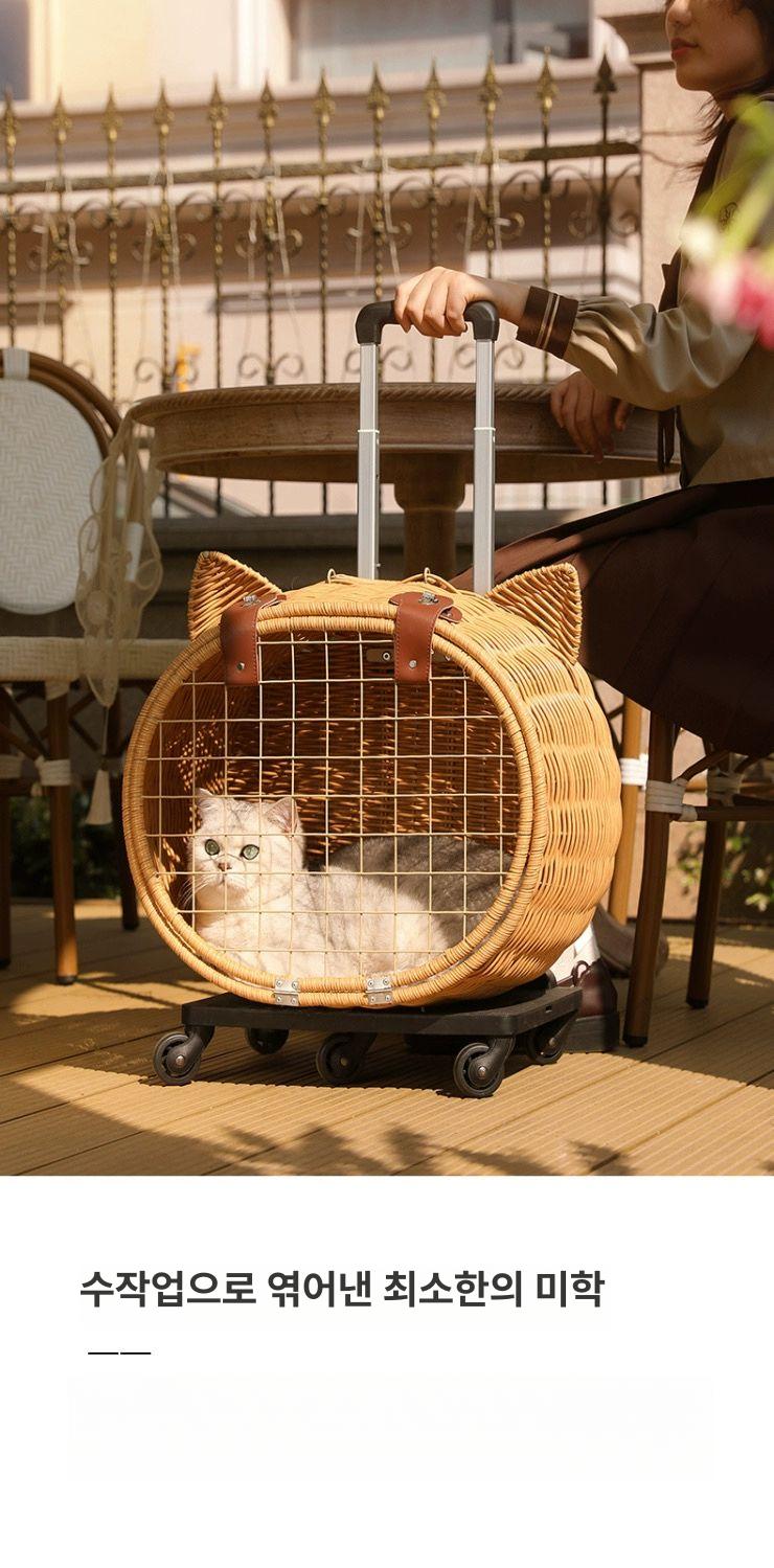 고양이 카트 캐리어 여행 가방 선물하기좋은 고양이모양 라탄 고양이 머리 트롤리 케이스 - 상세 이미지 3