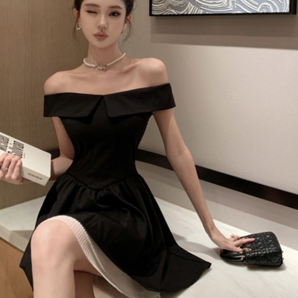 블랙 미니드레스 셀프웨딩 오프숄더 튤망드레이프 허리핏 풍성플레어 스커트 스냅촬영 - 상세 이미지 3