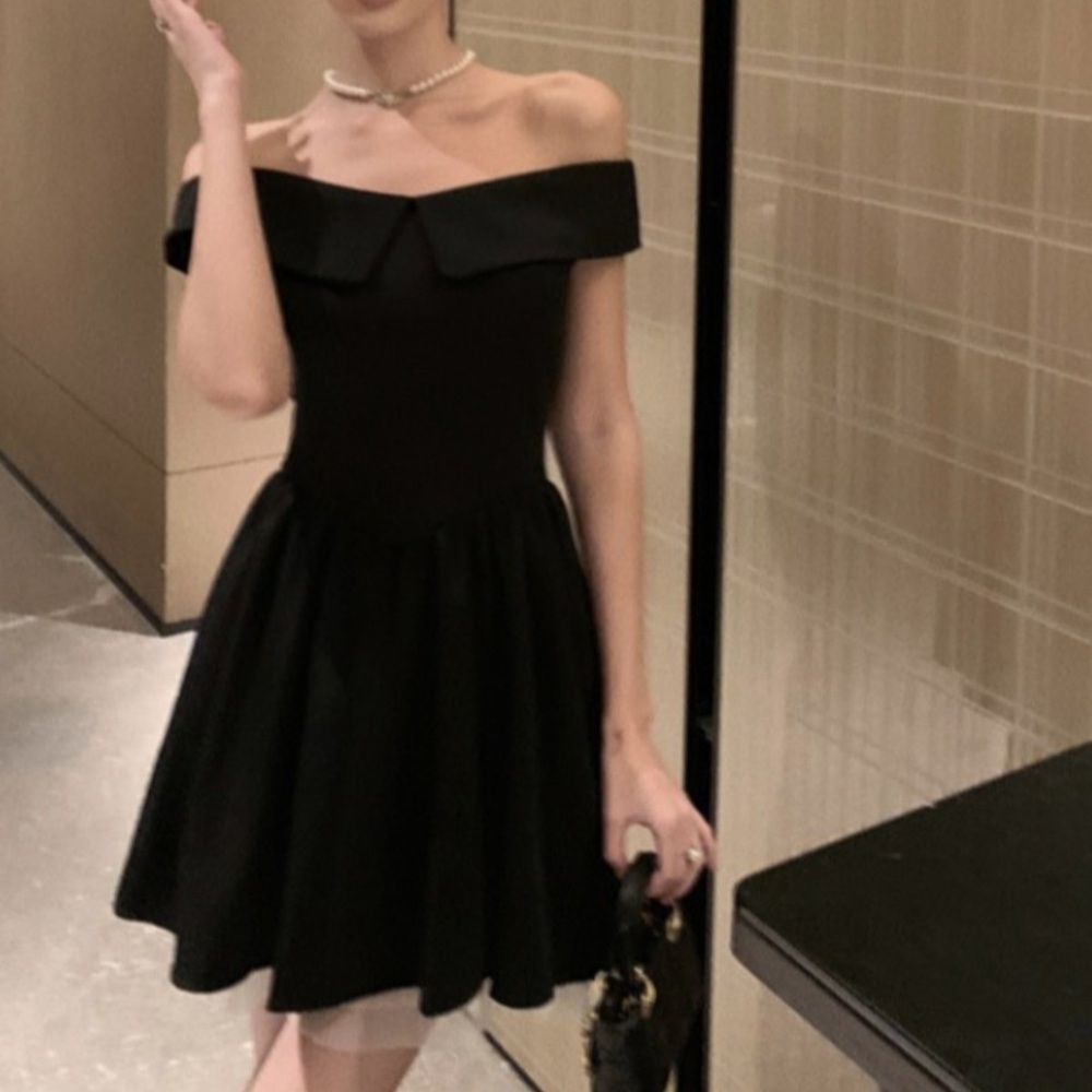 블랙 미니드레스 셀프웨딩 오프숄더 튤망드레이프 허리핏 풍성플레어 스커트 스냅촬영 - 상세 이미지 2