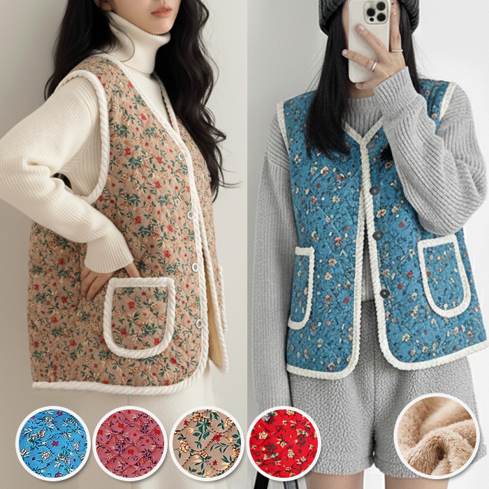 꽃무늬 김장 조끼 할머니 털조끼 엄마 촌캉스 레트로 플라워 보온 4color - 상세 이미지 2