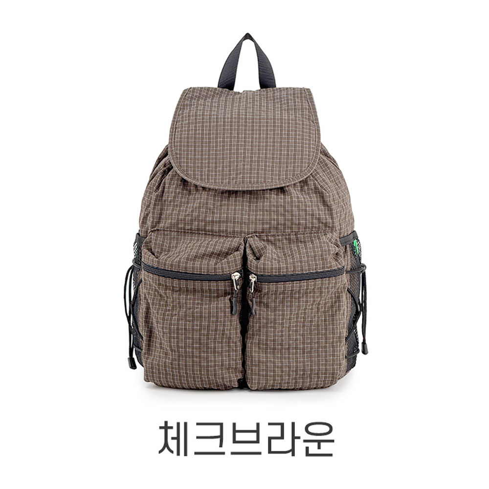 여성 경량 폴리 데일리 미디엄 플랩 백팩 캐주얼 배낭 투포켓 스트링 조리형 백팩 - 상세 이미지 5