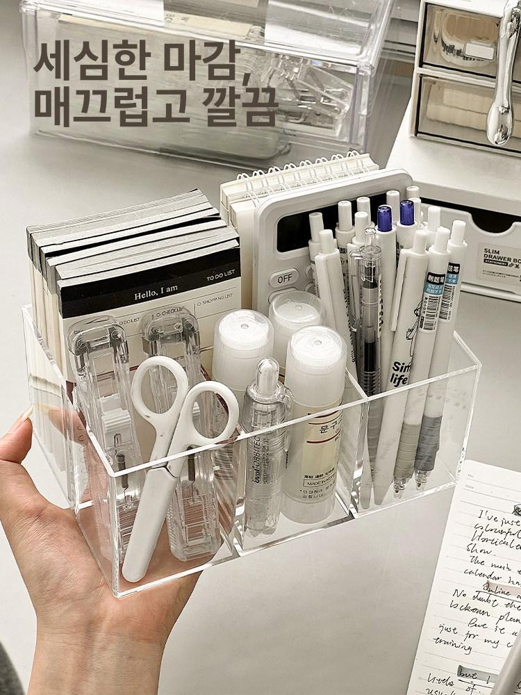 책상 펜홀더 철망 펜꽂이 다용도 투명 아크릴 기울어진 브라운 3칸 - 상세 이미지 5