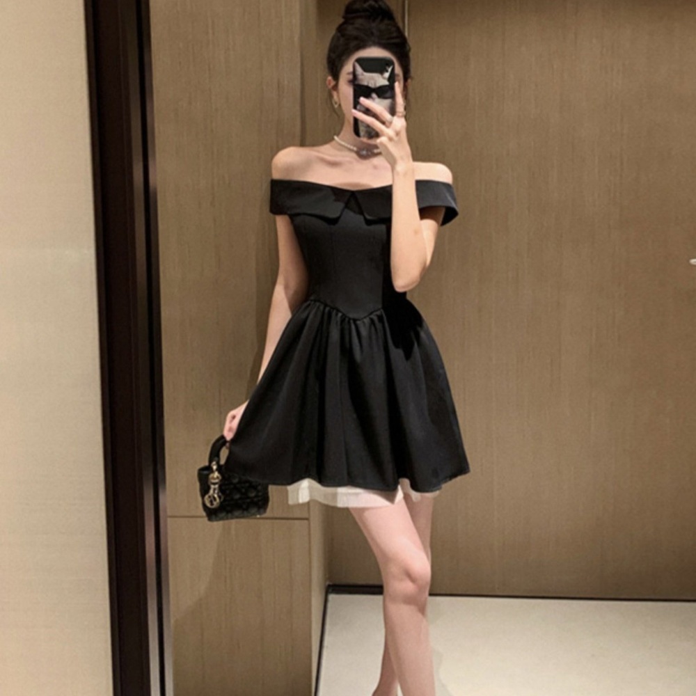 블랙 미니드레스 셀프웨딩 오프숄더 튤망드레이프 허리핏 풍성플레어 스커트 스냅촬영 - 상품 이미지