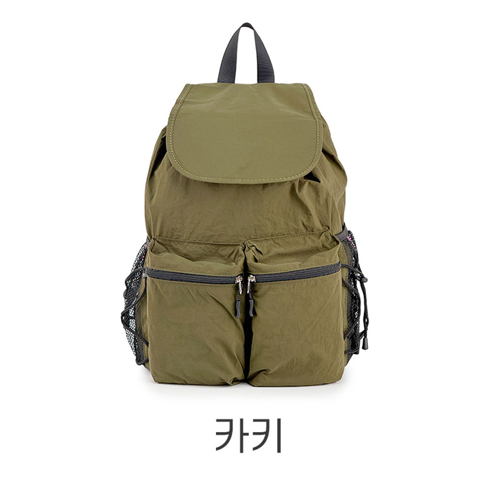 여성 경량 폴리 데일리 미디엄 플랩 백팩 캐주얼 배낭 투포켓 스트링 조리형 백팩 이미지 7