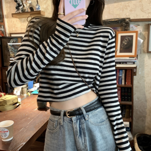 데일리 여성 스트라이프 티셔츠 단가라 여성 긴 팔 티셔츠 라운드 - 상품 이미지