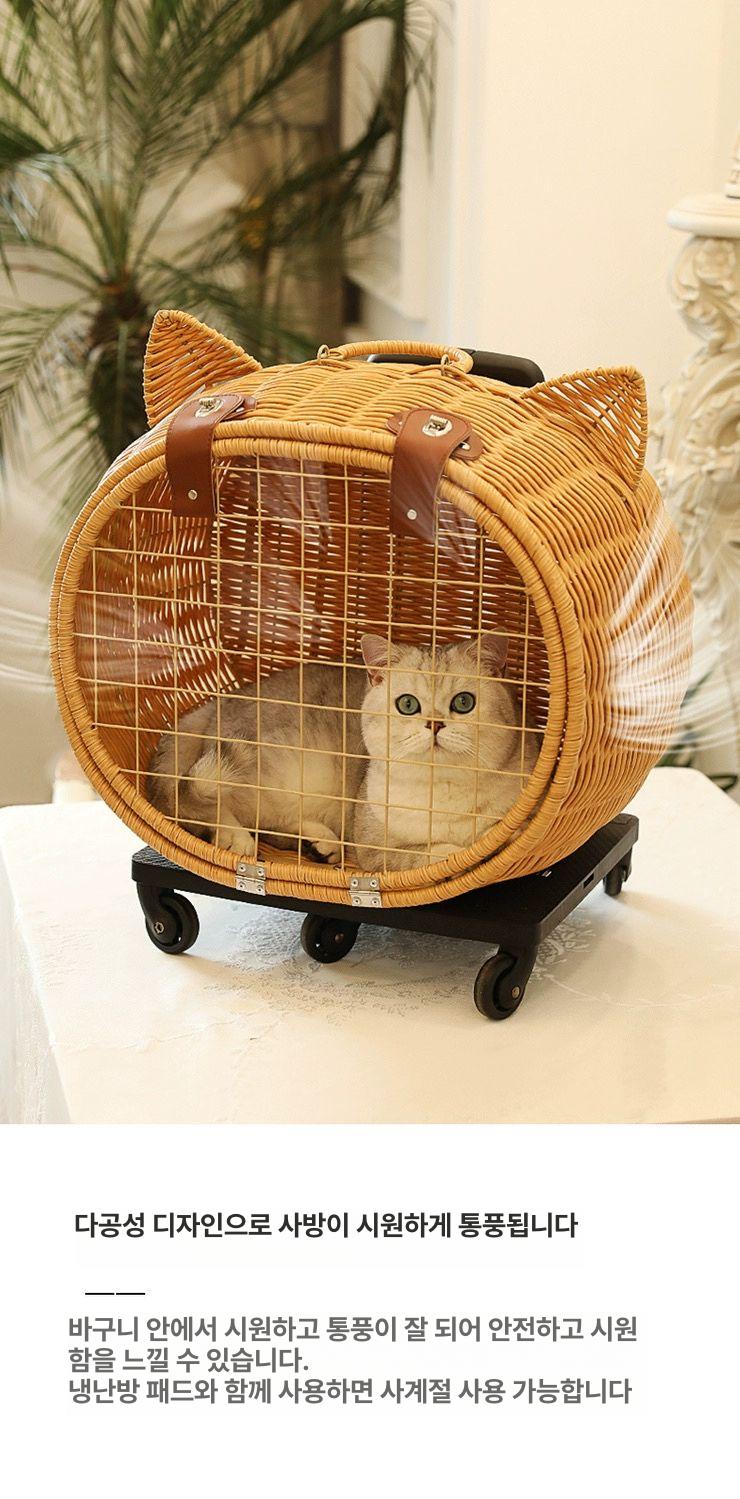 고양이 카트 캐리어 여행 가방 선물하기좋은 고양이모양 라탄 고양이 머리 트롤리 케이스 - 상세 이미지 4