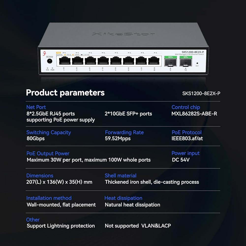XikeStor 10 포트 2.5Gb PoE RJ45 10G 스위치, Umanaged AP, 2 2.5G SFP+, 포트당 지원 팬리스, IEEE8023af/at, 전력 VoIP - 상세 이미지 3