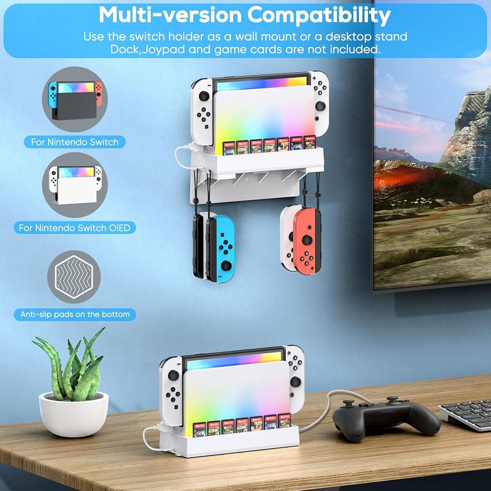 Auarte RGB Switch Wall Mount 4 Ports, Holder TV, Kit Snow White Modes, 2 Stand Nintendo Joypad Light - 상세 이미지 2