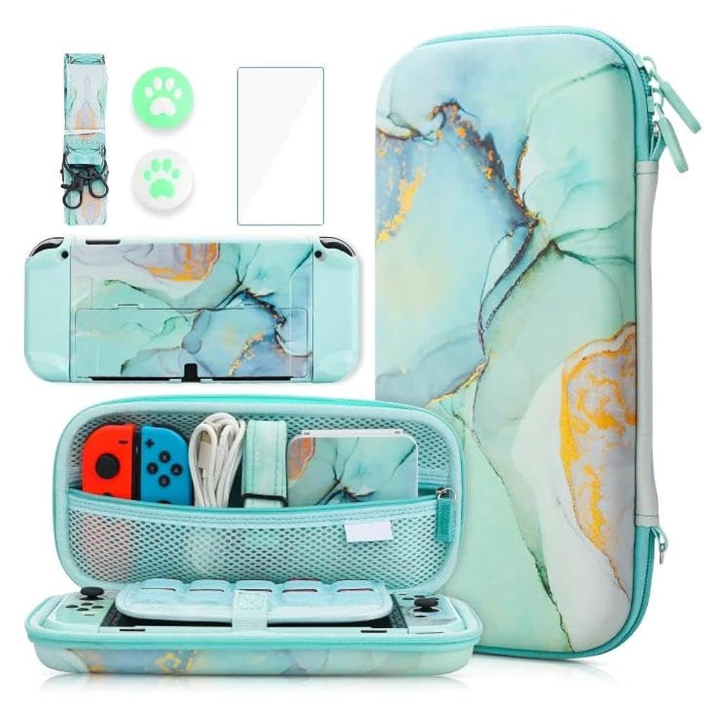 GLDRAM Green Marble Carrying Case Protector, Thumb Storage Hard Switch Shell Caps Strap & Bundle Pro - 상품 이미지