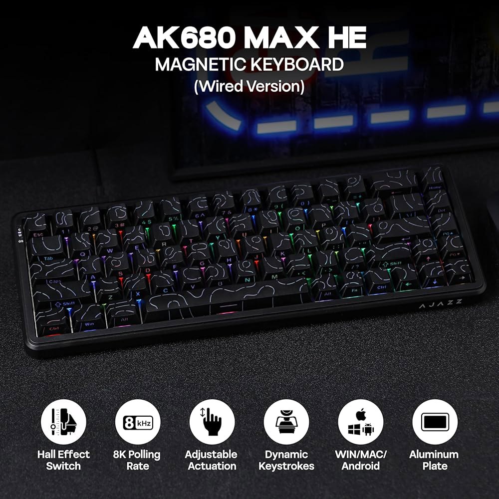 MechLands AK680 MAX 유선 게이밍 백라이트(블랙 효과 키보드, 속도, 컨투어 라인) 8K 구조, 상단 폴링 홀 스위치, RGB White - 상세 이미지 2