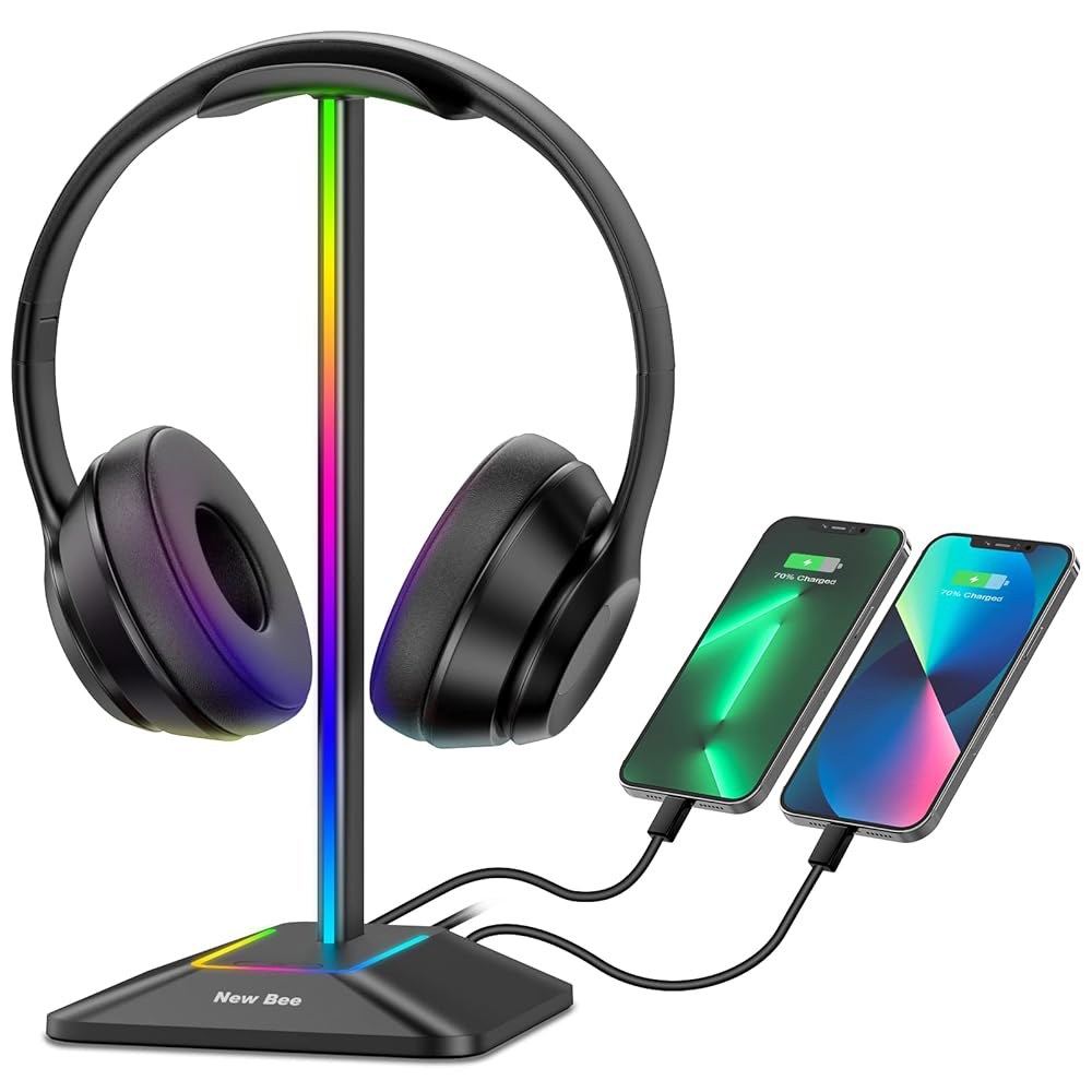 New bee RGB 헤드폰 스탠드, USB 포트 모드 게이밍 조명 액세서리용 7가지 (블랙) USB-C 책상 1개와 모든 헤드셋 1개, 충전 이어폰 Black - 상품 이미지