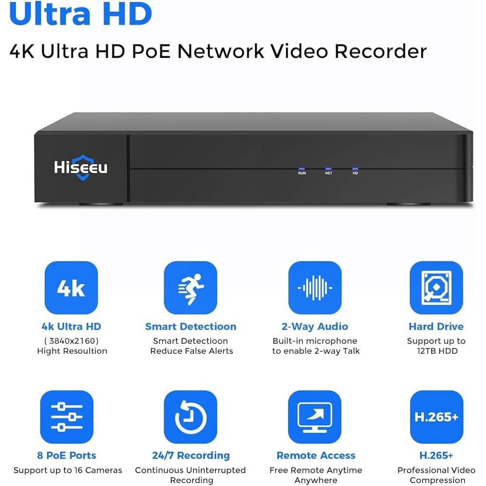 16채널 확장 가능 Hiseeu 8포트 4K 지원, 원격 녹화, PoE 디스크 연중무휴 재생, 레코더 네트워크 없음 모션 스마트 액세스, 4K/2K/8MP/5MP/3MP/1080 - 상세 이미지 2