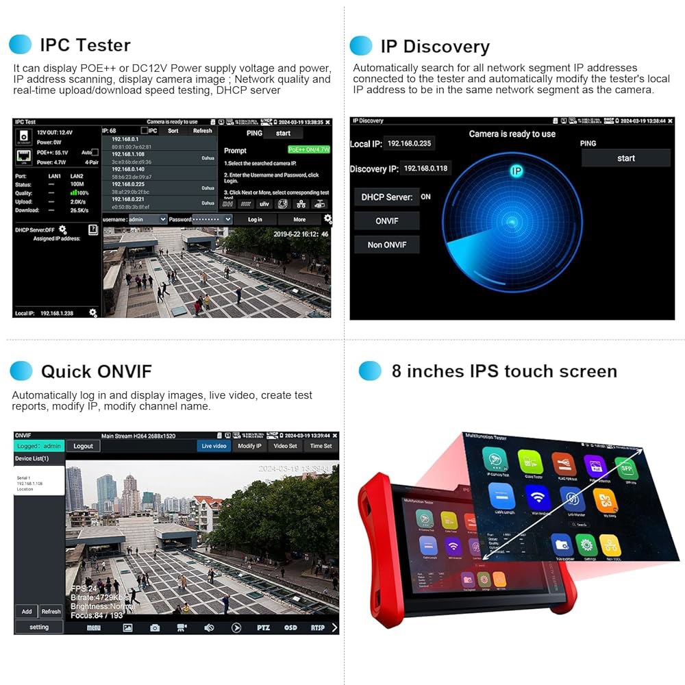 12MP IP 카메라 테스터, WANLUTECH RJ45 Wi-Fi 전원 케이블 네트워크 PoE (E88) IPC 테스트 20.3cm(8인치) 터치스크린 출력 포트 TDR SFP - 상세 이미지 3