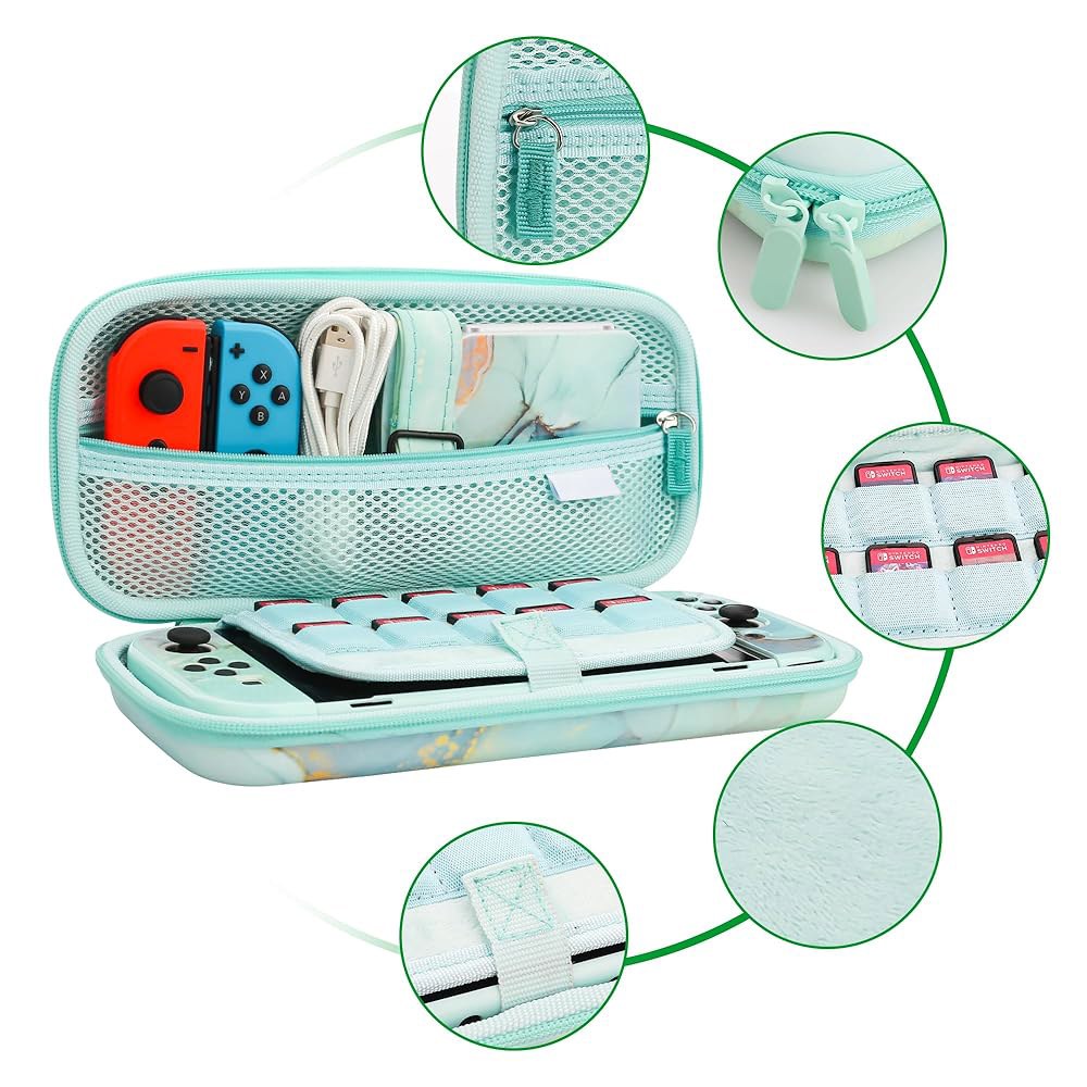GLDRAM Green Marble Carrying Case Protector, Thumb Storage Hard Switch Shell Caps Strap & Bundle Pro - 상세 이미지 2