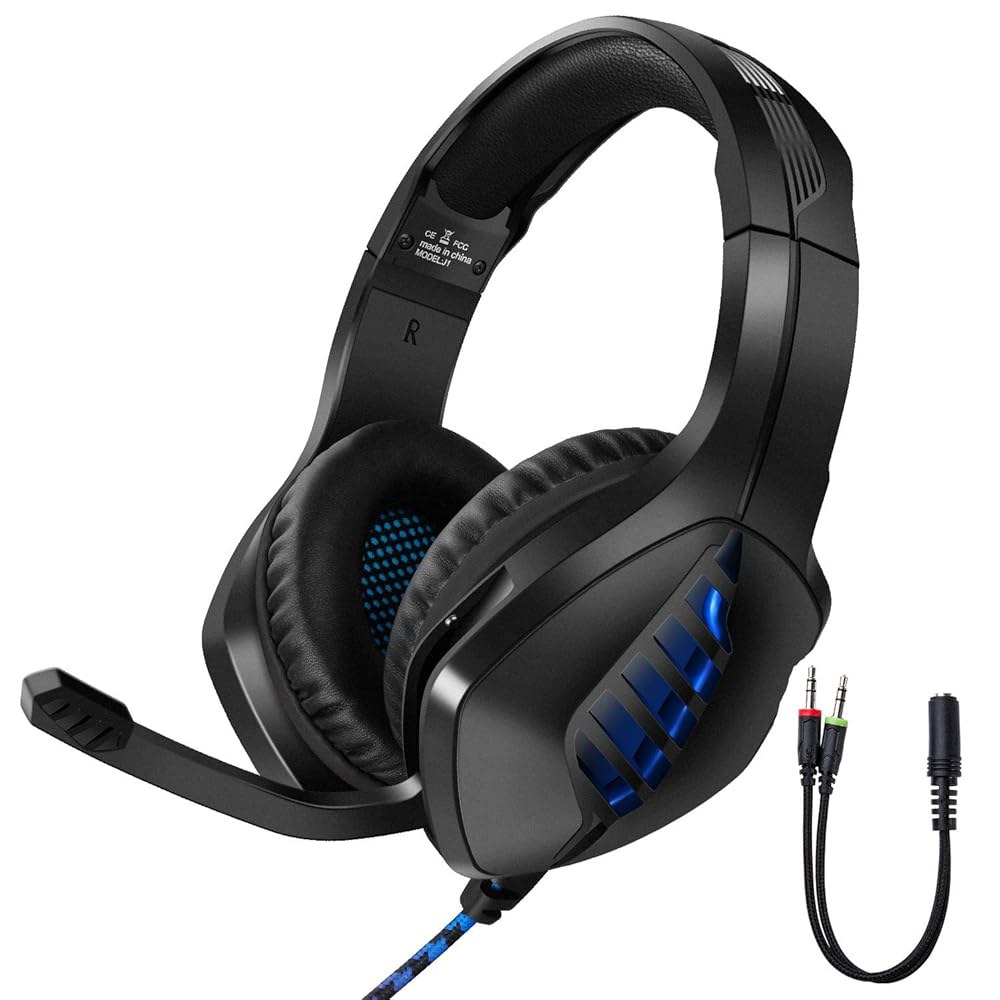 TYUOBOX PS4, Xbox One, PC용 헤드셋, 마이크가 와이어, 마이크, (블루) 조명, 캔슬링 게이밍 베이스 LED 노이즈 플레이스테이션 PS3 서라운드 게임용 있는 - 상품 이미지
