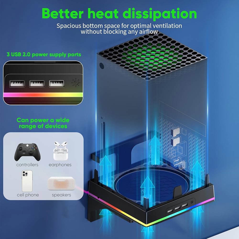 Xbox 시리즈 X용 벽 마운트 3개, 견고한 더스트 선반 USB 2개, 홀더 통합 RGB, 헤드폰 및 - 커버 포트 방지, 키트 10kg, 적재 통풍, 스탠드 낙하 - 상세 이미지 3