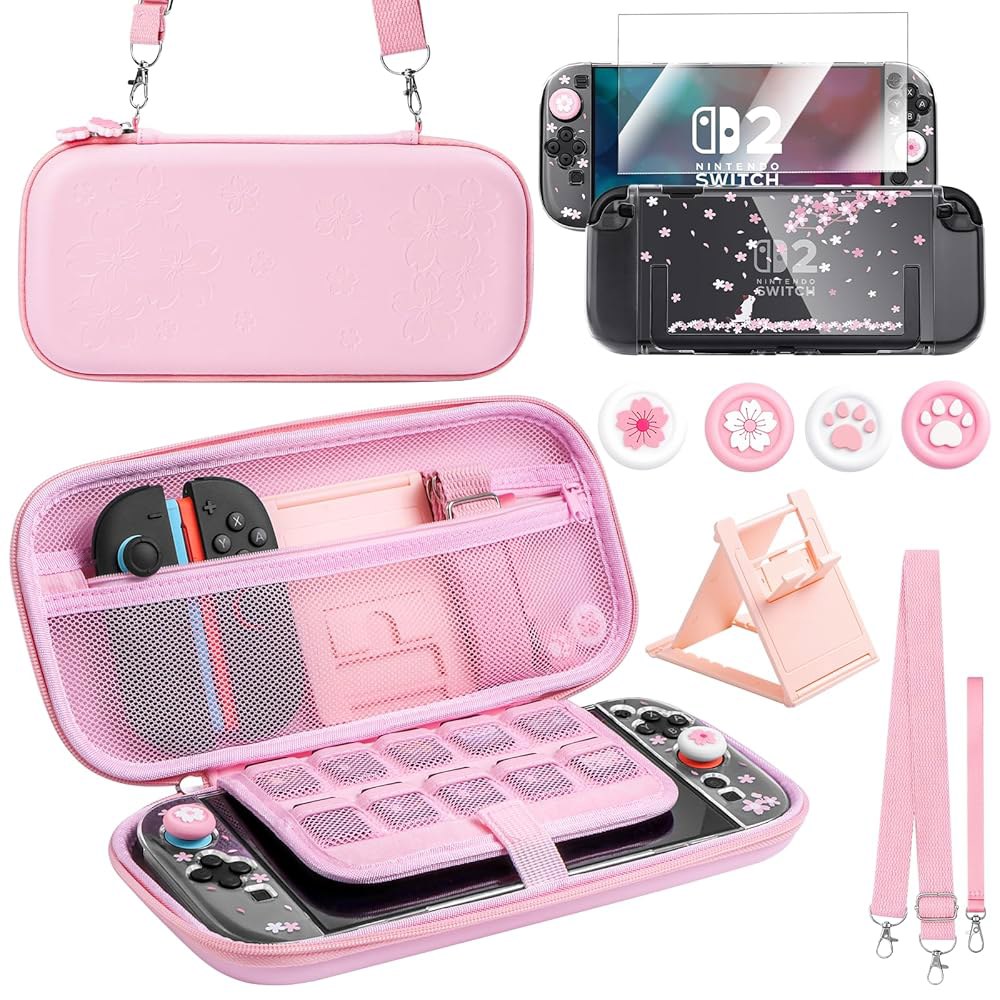 BRHE Cute Travel Carrying Case Caps Thumb Cover, with Glass Pink) (2025) 2 Grip Nintendo for Protect - 상품 이미지