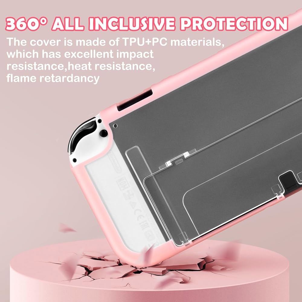 DLseego 스위치 OLED 콘솔 2021용 하드 커버 케이스 그립 PC 보호 컨트롤러, - 흡수 핑크 쉘, 엄지 충격 긁힘 컨트롤러용 포함 미끄럼 2개 캡 방지 조이콘 Pink - 상세 이미지 2