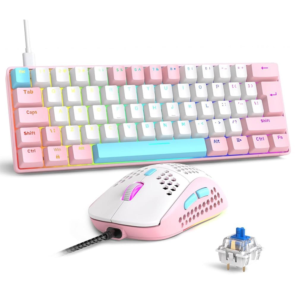 RK-T60 유선 60 TKL 기계식 코일 LED 윈도우 게이머용 초소형 레인보우 벌집 키캡 레드 PS4/PC/WIN 마우스 게이밍 스위치 에비에이터 백라이트 키보드 노트북 케이블 - 상품 이미지