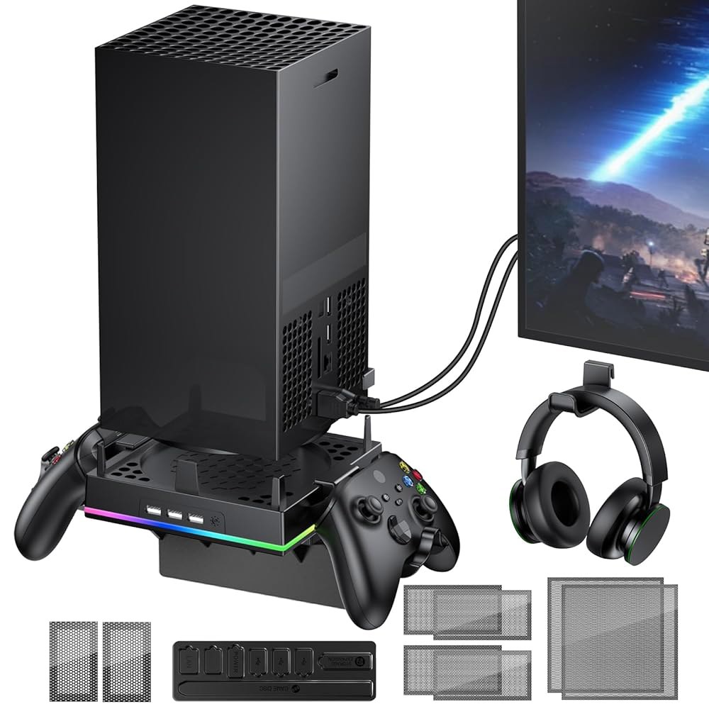 Xbox 시리즈 X용 벽 마운트 3개, 견고한 더스트 선반 USB 2개, 홀더 통합 RGB, 헤드폰 및 - 커버 포트 방지, 키트 10kg, 적재 통풍, 스탠드 낙하 - 상품 이미지