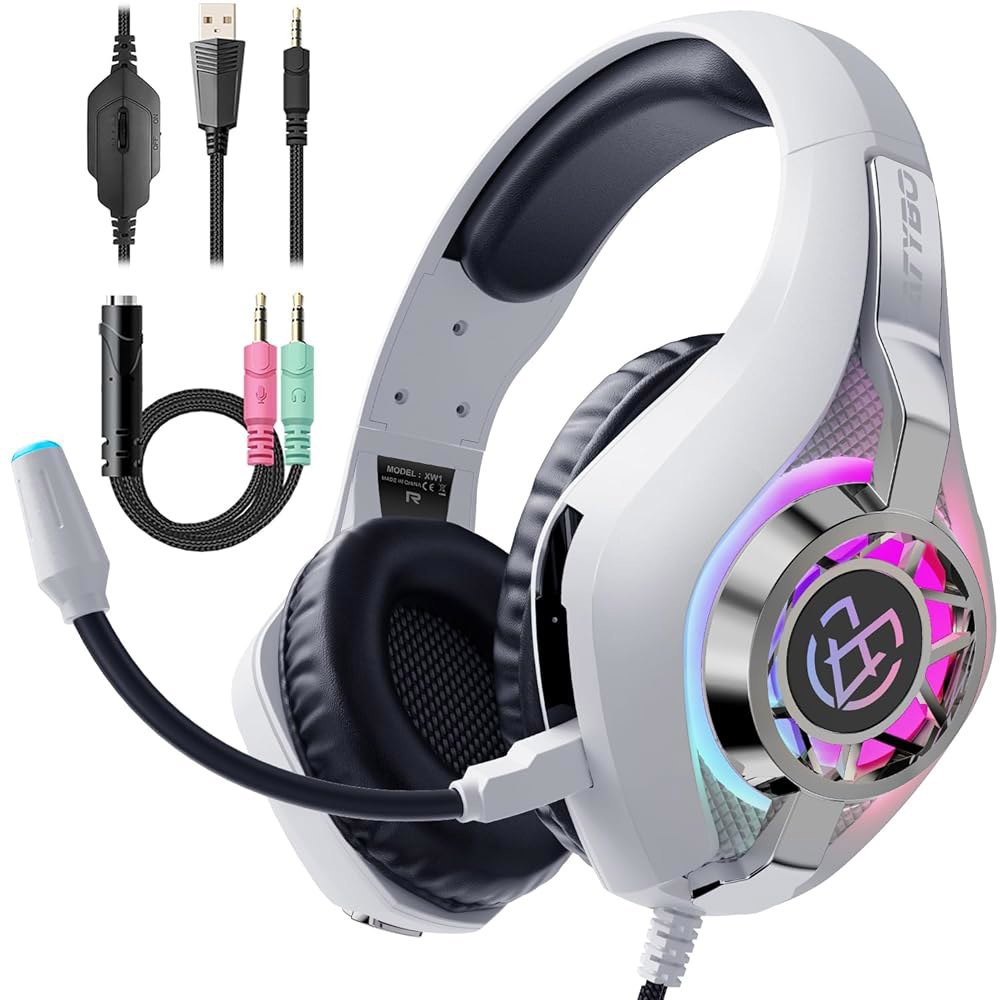 Tatybo Ps5 Ps4 스위치 Xbox 조명, 게이밍 RGB 노이즈 화이트 및 헤드셋, 캔슬링 마이크 PC용 서라운드 헤드폰 사운드 - 상품 이미지