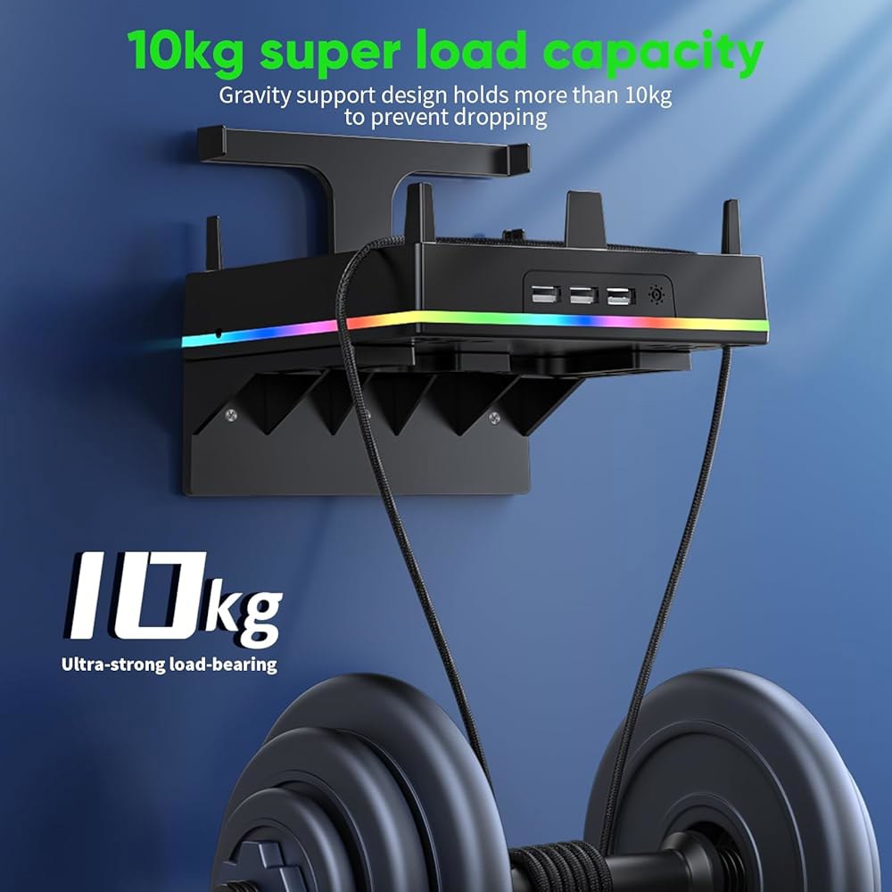 Xbox 시리즈 X용 벽 마운트 3개, 견고한 더스트 선반 USB 2개, 홀더 통합 RGB, 헤드폰 및 - 커버 포트 방지, 키트 10kg, 적재 통풍, 스탠드 낙하 - 상세 이미지 2