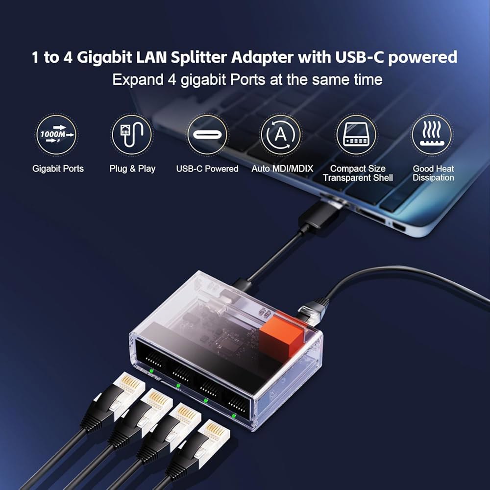 기가비트 이더넷 스플리터 1~4 포트, 있는 IP 케이블이 네트워크 앤 미니 YuLinca USB 플라스틱 어댑터, PC, 스마트 플러그 모뎀, 플레이 프린터, 1000Mbps - 상세 이미지 2