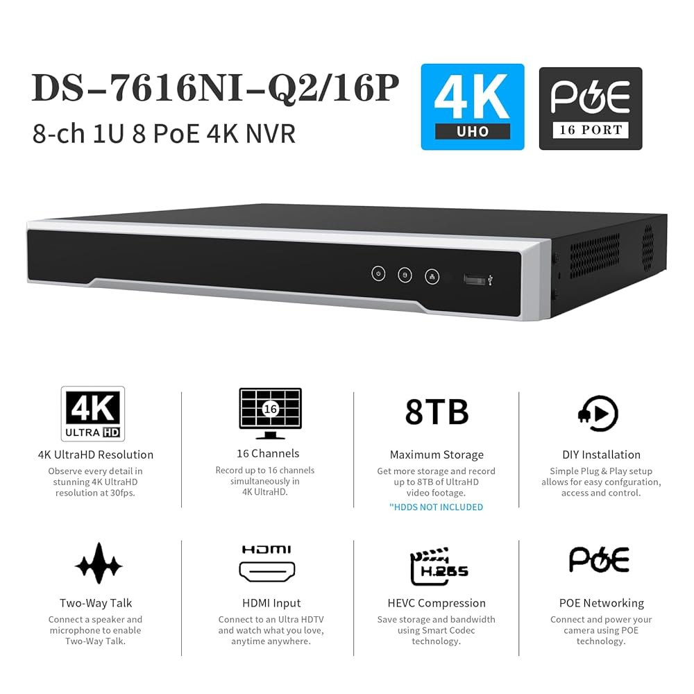 DS-7616NI-Q2/16P 4K NVR 16 채널 8TB 작동, 카메라와 레코더 IP 함께 지원 네트워크 16채널 하드 (HDD PoE 드라이브 최대 미포함) 비디오 8MP/6 - 상세 이미지 2