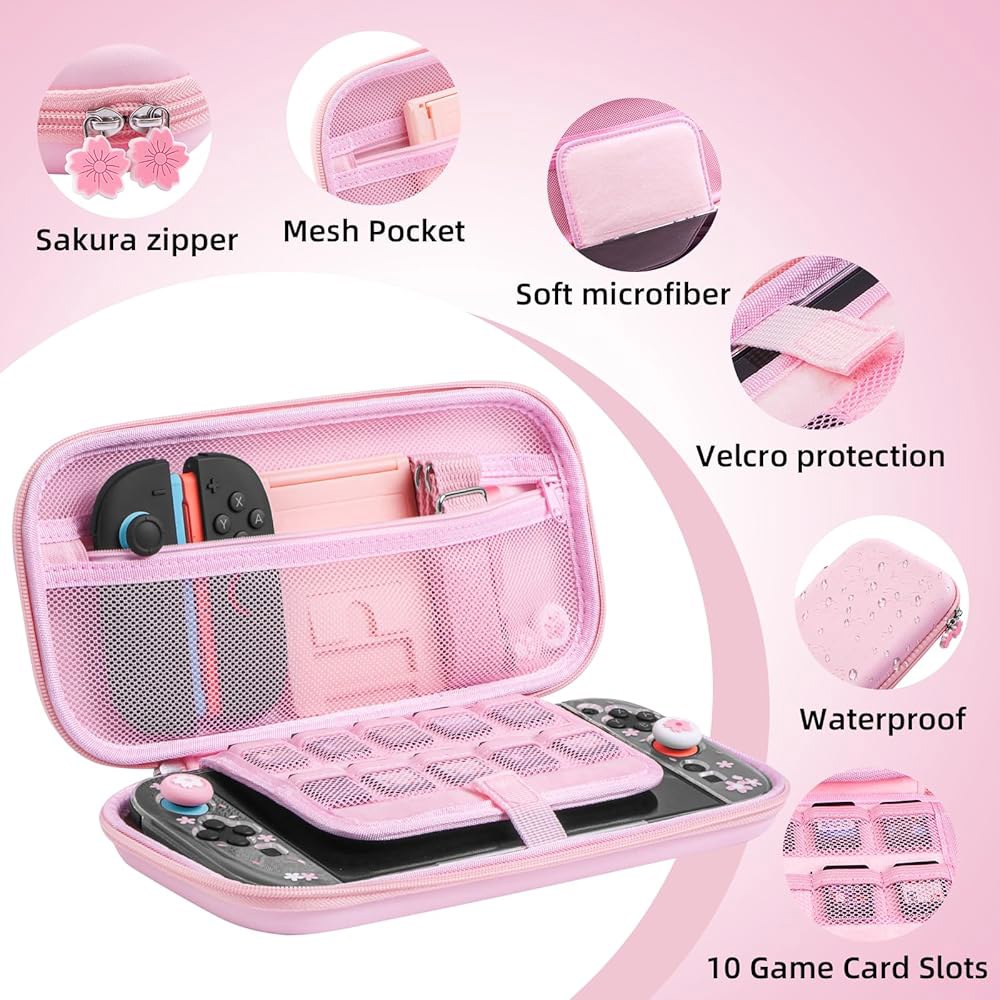 BRHE Cute Travel Carrying Case Caps Thumb Cover, with Glass Pink) (2025) 2 Grip Nintendo for Protect - 상세 이미지 2
