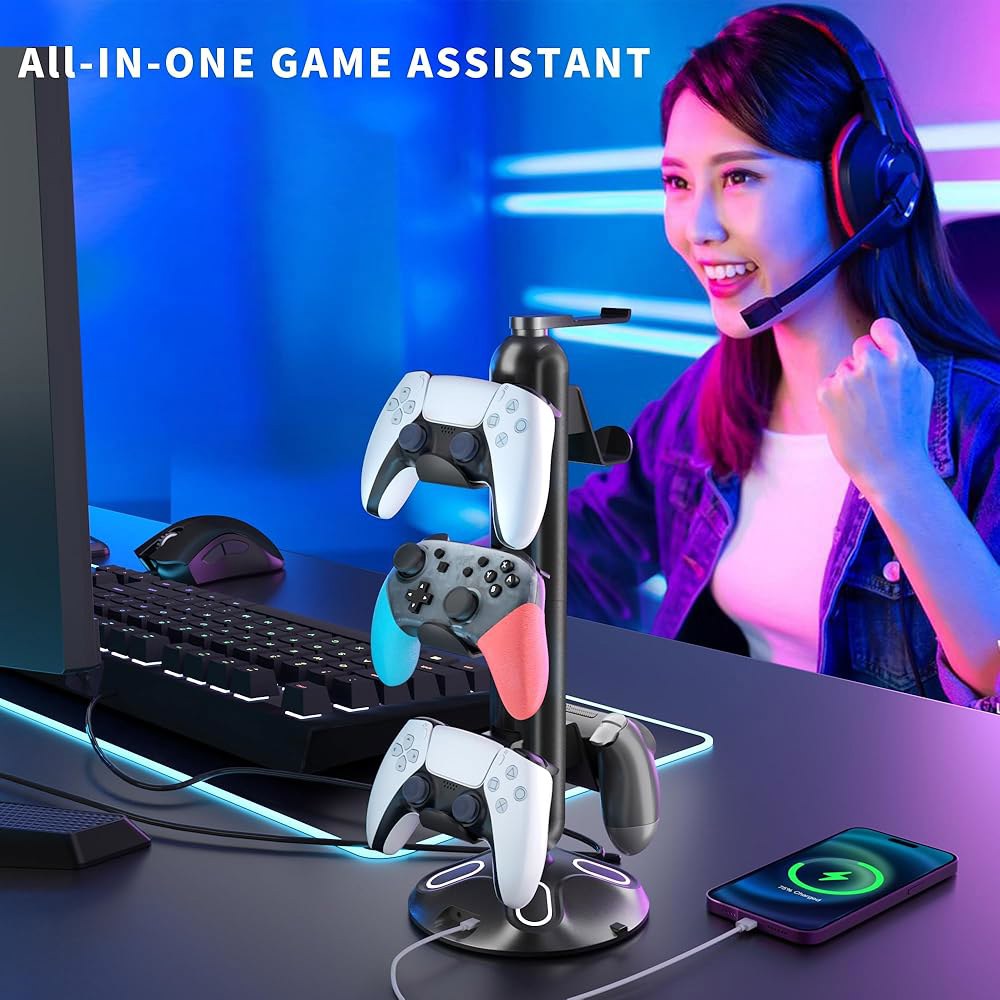 Canmarin Gaming RGB Headphone Stand, A Accessories Hanger Holder 2 Type-C & Desk Charging USB Light - 상세 이미지 2
