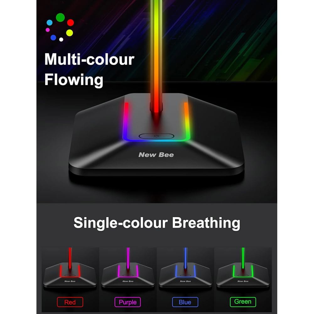 New bee RGB 헤드폰 스탠드, USB 포트 모드 게이밍 조명 액세서리용 7가지 (블랙) USB-C 책상 1개와 모든 헤드셋 1개, 충전 이어폰 Black - 상세 이미지 2
