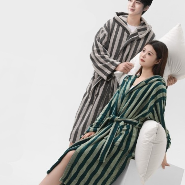 남여공용 코랄울 스트라이프 샤워 목욕 로브 나이트 가운