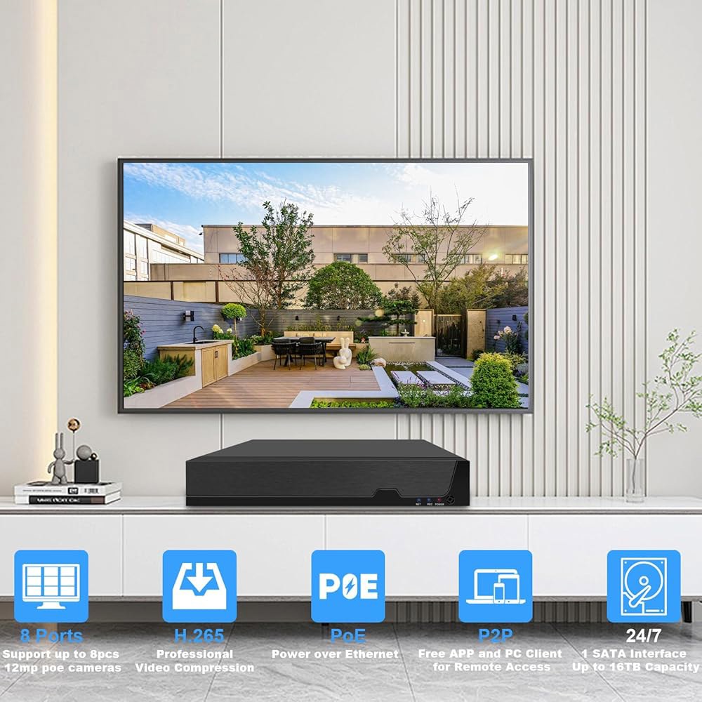 Tennoz 8 채널 12MP PoE 비디오 레코더 NVR 모션 포트 알람, 없음 12MP/6K/4K/8MP/5MP/3MP/1080P 스마트 NVR, 액세스, 원격 카메라, H.2 - 상세 이미지 2