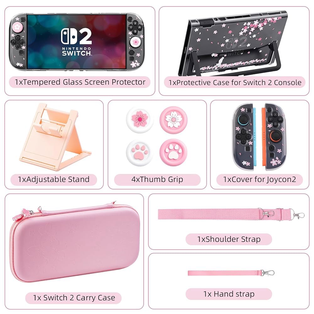 BRHE Cute Travel Carrying Case Caps Thumb Cover, with Glass Pink) (2025) 2 Grip Nintendo for Protect - 상세 이미지 3