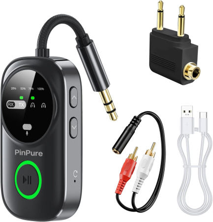 [해외]에어팟/헤드폰 2대용 핀퓨어 블루투스 5.4 송신기 수신기 마이크 포함 2-in-1 무선 어댑터 3.5mm 오디오 잭 비행기 자동차 TV PC 홈 스테레오에 적합 Black