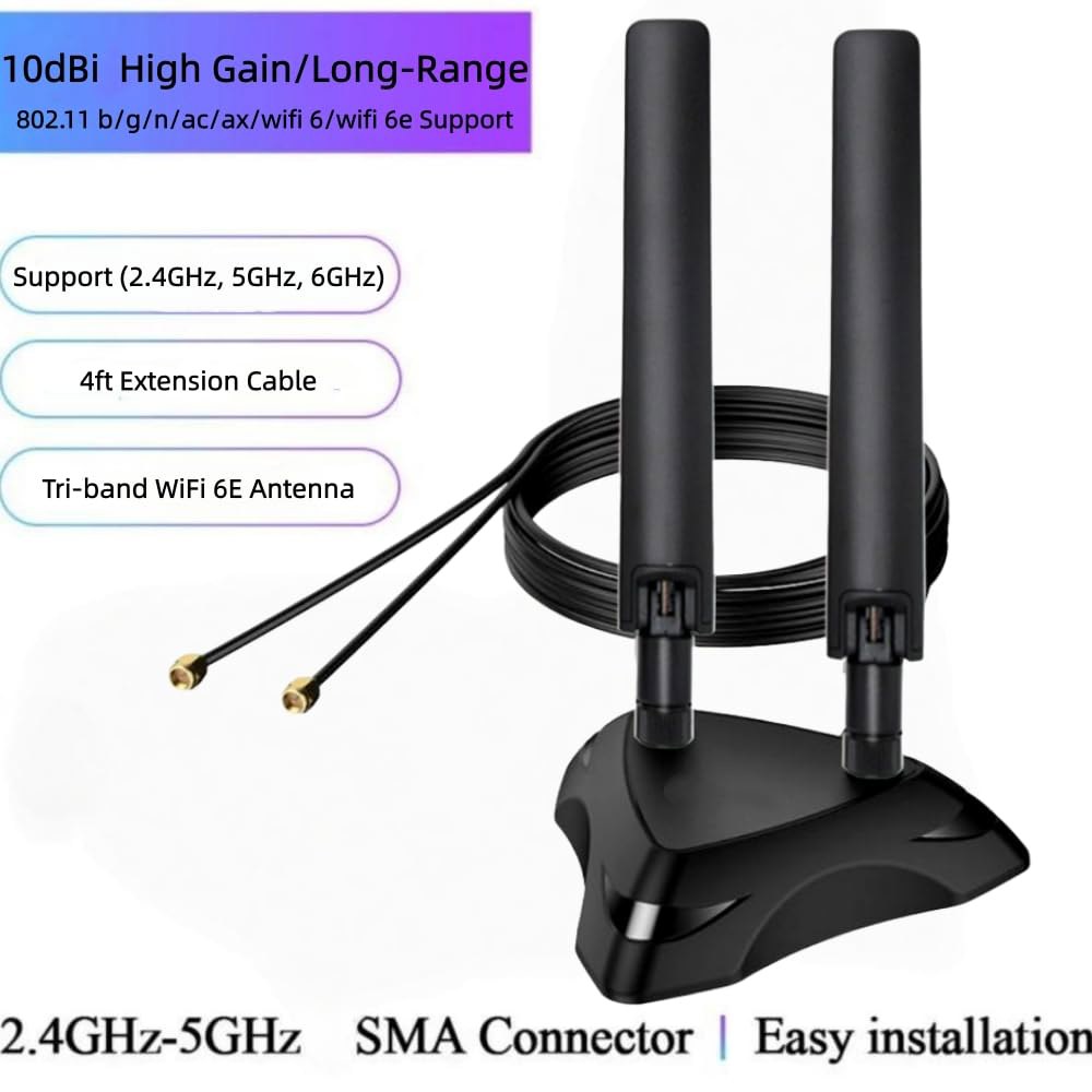 데스크톱 PC용 WiFi 6E 안테나 카드 블루투스 무선 RP-SMA Wi-Fi 6GHz 5GHz (중앙에 네트워크 홀), 라우터용 어댑터 2.4GHz 하이 게인 10dBi 트라이 - 상세 이미지 2