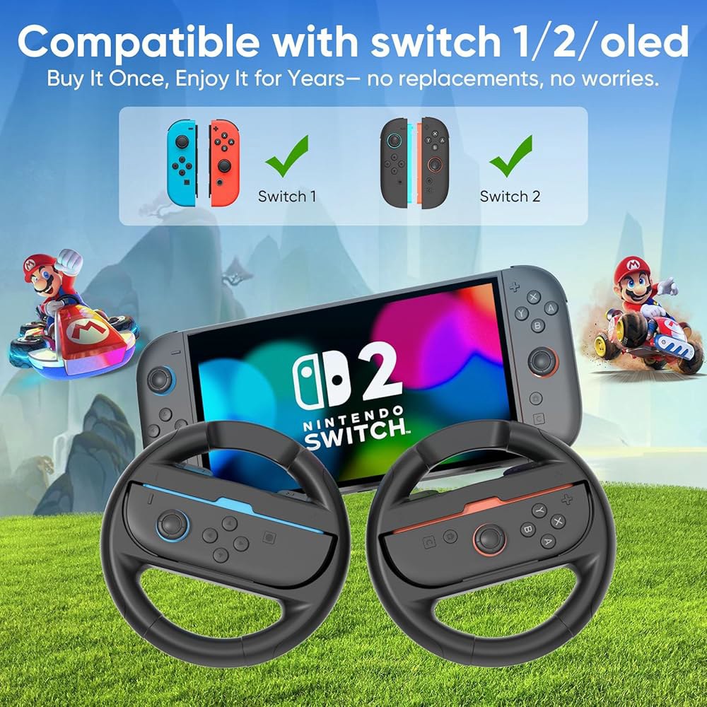 Switch 2 Grip Set (2 Accessories for 2/1/OLED, , + Family Holder Anti-Slip 4 Steering Pack Mario Gri - 상세 이미지 2