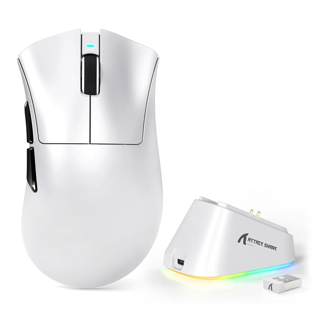 MAMBASNAKE Attack Shark V3 PRO 마우스, 가능한 화이트 도크, 트라이모드 RGB 25000DPI, 게이밍 초경량 충전 62g 버튼 BK52820 BT/2.4 - 상품 이미지