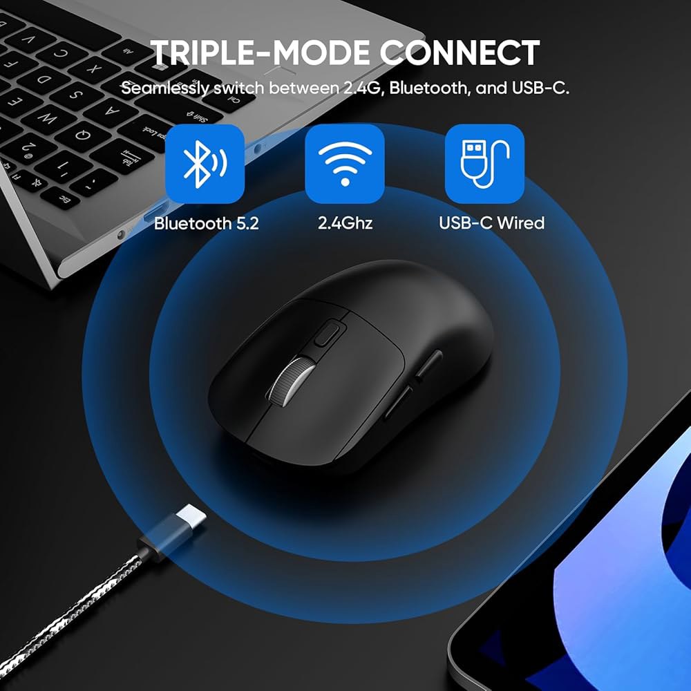 MELOGAGA 무선 게이밍 마우스, 2.4G/블루투스 블랙 태블릿용 맥, 가능한 포함, 게임 3모드 PC, - 유선/무선 8개의 PS5, 조절 인체 공학적 DPI 컴퓨터 충전식 - 상세 이미지 2