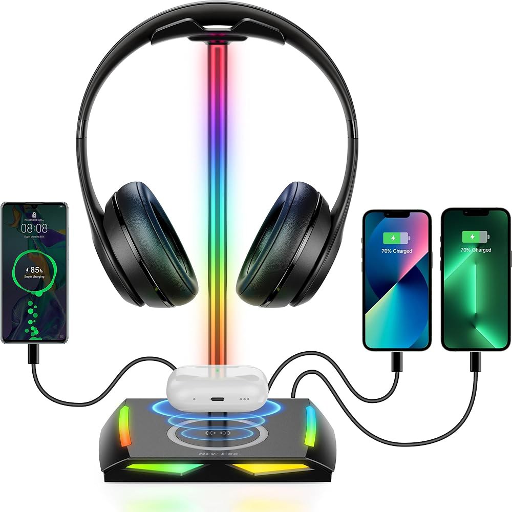 New Bee USB-C 2개 및 포트 적합 RGB USB 이어폰 홀더, 베이스가 모드 헤드폰 미끄럼 방지 충전 있는 조명 스탠드, 액세서리에 7가지 모든 고무 1개가 헤드셋 책상 - 상품 이미지