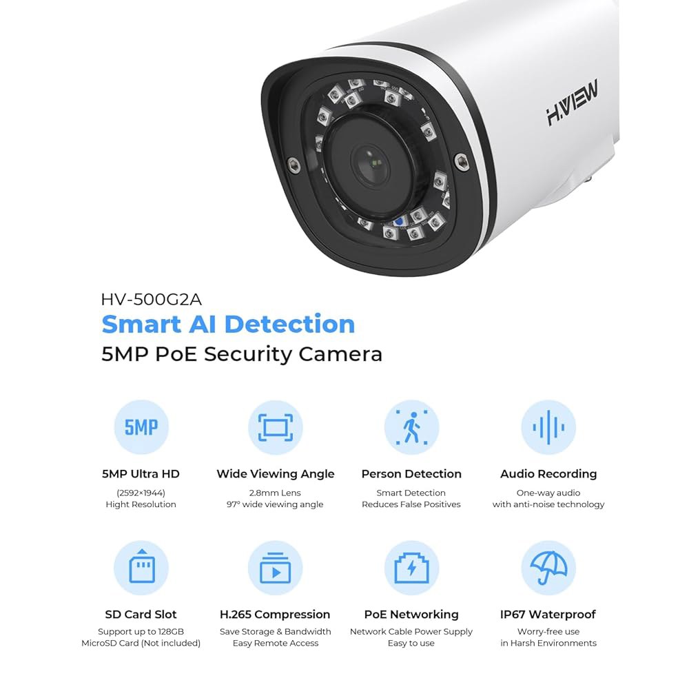 H.VIEW 5MP POE 보안 IP 내후성 실외 카드 야간 NAS CCTV 2.8mm 카메라 오디오 HD 감시 네트워크 IR 시야 sd 비디오 (킥비전 rtsp 호환) 실내 마이 - 상세 이미지 3