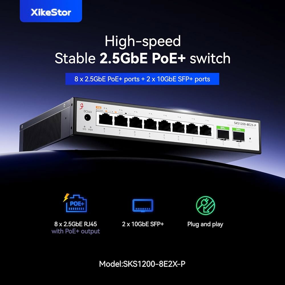 XikeStor 10 포트 2.5Gb PoE RJ45 10G 스위치, Umanaged AP, 2 2.5G SFP+, 포트당 지원 팬리스, IEEE8023af/at, 전력 VoIP - 상세 이미지 2