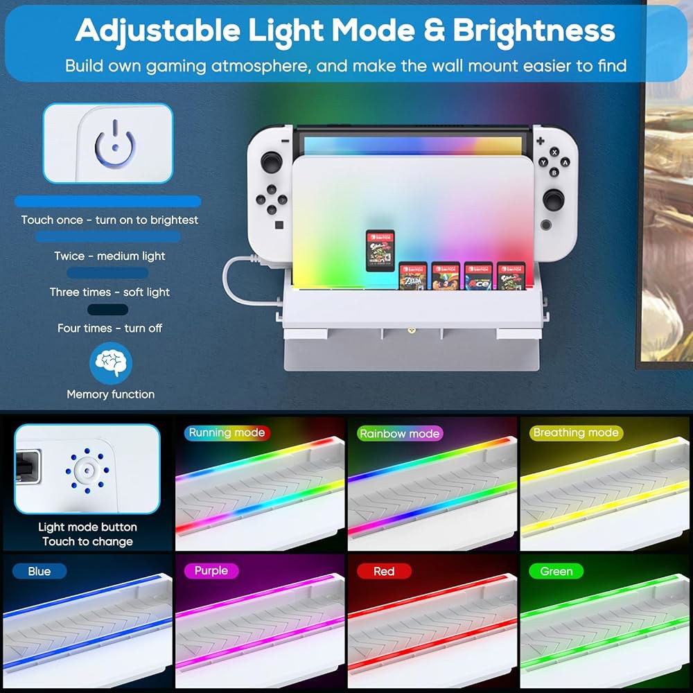 Auarte RGB Switch Wall Mount 4 Ports, Holder TV, Kit Snow White Modes, 2 Stand Nintendo Joypad Light - 상세 이미지 3