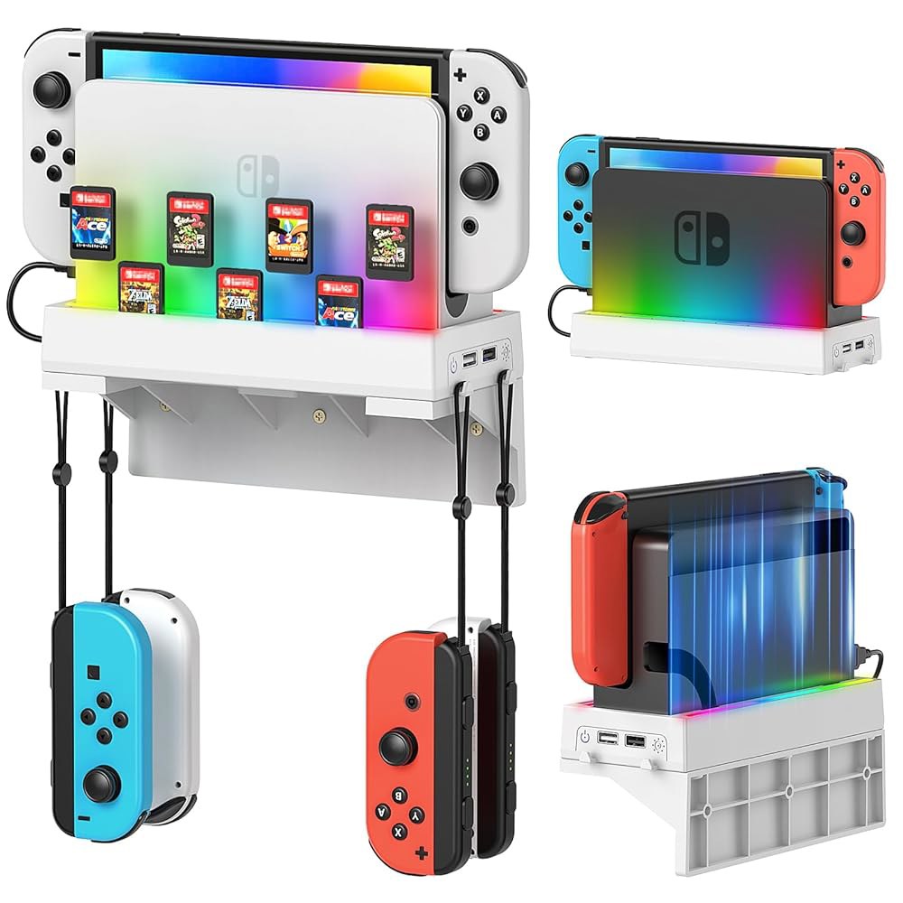 Auarte RGB Switch Wall Mount 4 Ports, Holder TV, Kit Snow White Modes, 2 Stand Nintendo Joypad Light - 상품 이미지